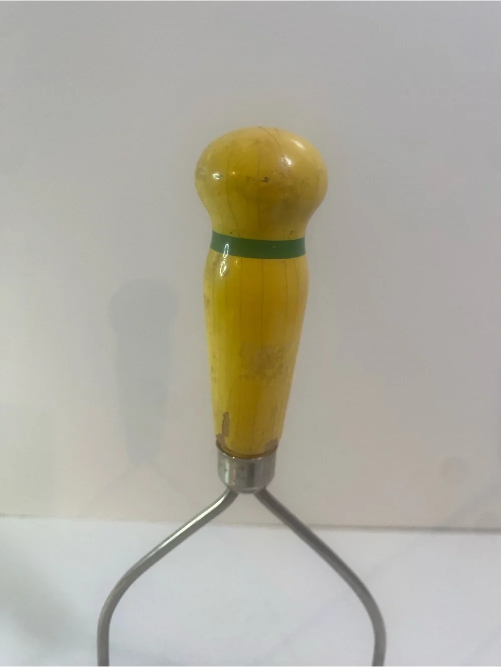 Vintage Wooden Bright Yellow Handle Green Stripe Potato Masher